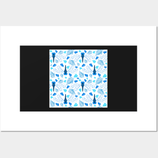 Bright Blue Dragonfly and Leaf Pattern on White Posters and Art